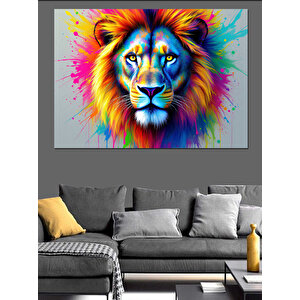 Renk Patlamalı Aslan Portresi Dekoratif Kanvas - Mdf Ahşap Tablo 100x140 cm