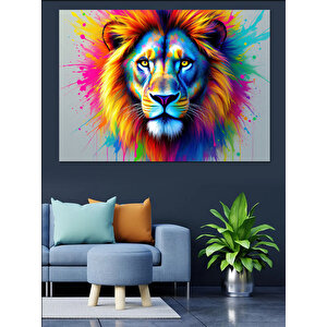 Renk Patlamalı Aslan Portresi Dekoratif Kanvas - Mdf Ahşap Tablo 100x140 cm