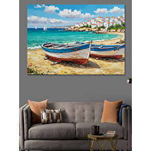 Kumsalda Balıkçı Sandalı Dekoratif Kanvas - Mdf Ahşap Tablo 100x140 cm
