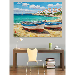 Kumsalda Balıkçı Sandalı Dekoratif Kanvas - Mdf Ahşap Tablo 100x140 cm