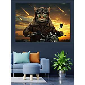 Motosikletli Gözlüklü Kedi Dekoratif Kanvas - Mdf Ahşap Tablo 70x100 cm