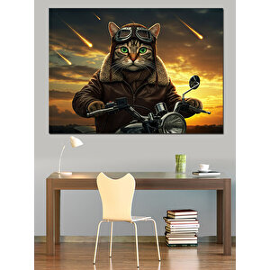Motosikletli Gözlüklü Kedi Dekoratif Kanvas - Mdf Ahşap Tablo 70x100 cm