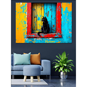 Mavi Pencereli Kedi Dekoratif Kanvas - Mdf Ahşap Tablo 35x50 cm