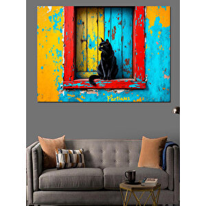 Mavi Pencereli Kedi Dekoratif Kanvas - Mdf Ahşap Tablo 35x50 cm