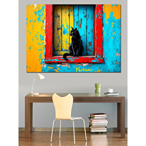 Mavi Pencereli Kedi Dekoratif Kanvas - Mdf Ahşap Tablo 35x50 cm