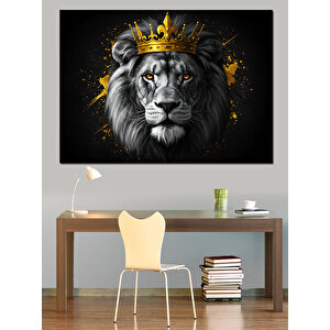 Altın Taçlı Gururlu Aslan Dekoratif Kanvas - Mdf Ahşap Tablo 70x100 cm