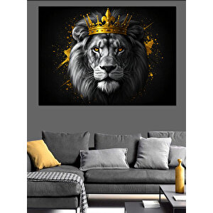 Altın Taçlı Gururlu Aslan Dekoratif Kanvas - Mdf Ahşap Tablo 70x100 cm