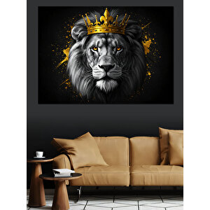 Altın Taçlı Gururlu Aslan Dekoratif Kanvas - Mdf Ahşap Tablo 70x100 cm