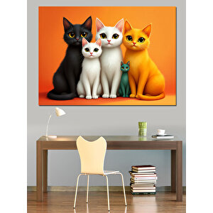 Üç Renkli Sevimli Kediler Dekoratif Kanvas - Mdf Ahşap Tablo 50x70 cm