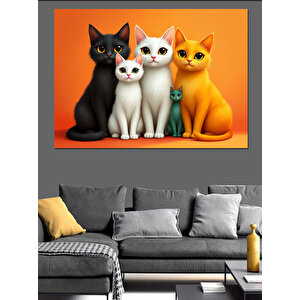 Üç Renkli Sevimli Kediler Dekoratif Kanvas - Mdf Ahşap Tablo 50x70 cm