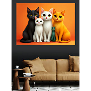 Üç Renkli Sevimli Kediler Dekoratif Kanvas - Mdf Ahşap Tablo 50x70 cm