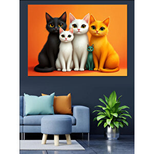 Üç Renkli Sevimli Kediler Dekoratif Kanvas - Mdf Ahşap Tablo