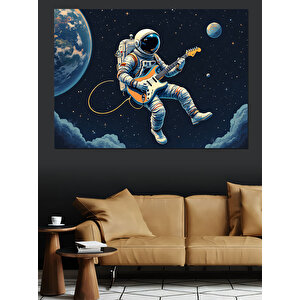 Uzayda Gitar Çalan Astronot Dekoratif Kanvas - Mdf Ahşap Tablo 35x50 cm