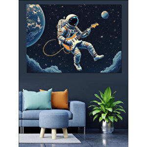 Uzayda Gitar Çalan Astronot Dekoratif Kanvas - Mdf Ahşap Tablo 35x50 cm