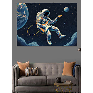 Uzayda Gitar Çalan Astronot Dekoratif Kanvas - Mdf Ahşap Tablo 35x50 cm