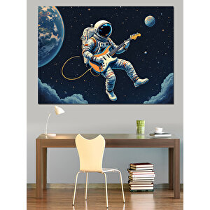 Uzayda Gitar Çalan Astronot Dekoratif Kanvas - Mdf Ahşap Tablo