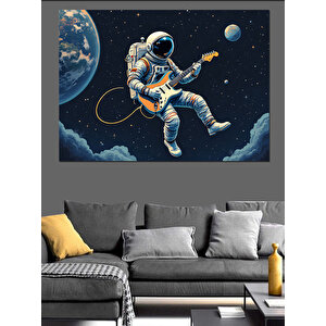 Uzayda Gitar Çalan Astronot Dekoratif Kanvas - Mdf Ahşap Tablo