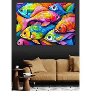 Neon Renkli Balıklar Dekoratif Kanvas - Mdf Ahşap Tablo 70x100 cm