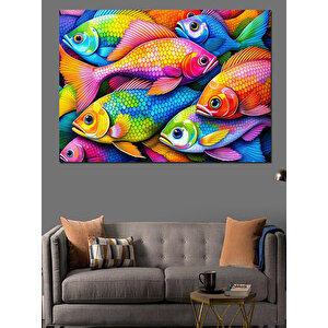 Neon Renkli Balıklar Dekoratif Kanvas - Mdf Ahşap Tablo 70x100 cm