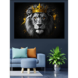 Altın Taçlı Gururlu Aslan Dekoratif Kanvas - Mdf Ahşap Tablo