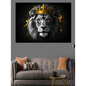 Altın Taçlı Gururlu Aslan Dekoratif Kanvas - Mdf Ahşap Tablo