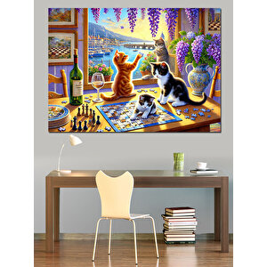 Masada Puzzel Oynayan Kediler Dekoratif Kanvas - Mdf Ahşap Tablo