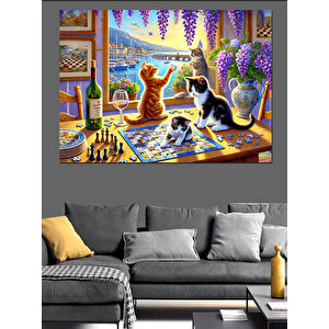 Masada Puzzel Oynayan Kediler Dekoratif Kanvas - Mdf Ahşap Tablo