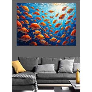 Kalabalık Balık Sürüsü Çizimi Dekoratif Kanvas - Mdf Ahşap Tablo