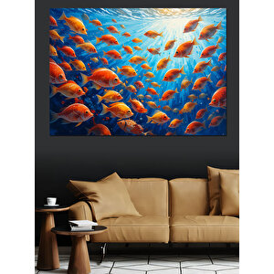 Kalabalık Balık Sürüsü Çizimi Dekoratif Kanvas - Mdf Ahşap Tablo