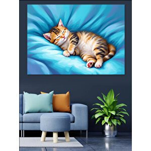 Mavilikte Uyuyan Kedi Dekoratif Kanvas - Mdf Ahşap Tablo 70x100 cm