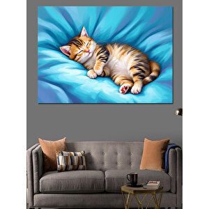 Mavilikte Uyuyan Kedi Dekoratif Kanvas - Mdf Ahşap Tablo 70x100 cm