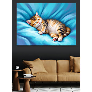 Mavilikte Uyuyan Kedi Dekoratif Kanvas - Mdf Ahşap Tablo