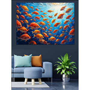 Kalabalık Balık Sürüsü Çizimi Dekoratif Kanvas - Mdf Ahşap Tablo 100x140 cm