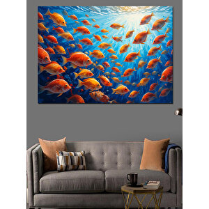 Kalabalık Balık Sürüsü Çizimi Dekoratif Kanvas - Mdf Ahşap Tablo 100x140 cm