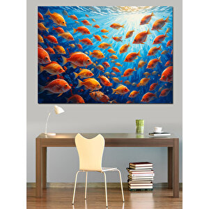 Kalabalık Balık Sürüsü Çizimi Dekoratif Kanvas - Mdf Ahşap Tablo 100x140 cm