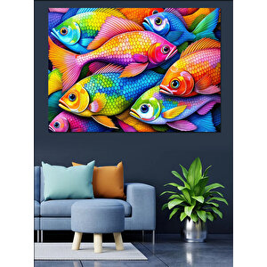 Neon Renkli Balıklar Dekoratif Kanvas - Mdf Ahşap Tablo 50x70 cm
