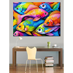 Neon Renkli Balıklar Dekoratif Kanvas - Mdf Ahşap Tablo