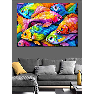 Neon Renkli Balıklar Dekoratif Kanvas - Mdf Ahşap Tablo
