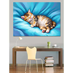 Mavilikte Uyuyan Kedi Dekoratif Kanvas - Mdf Ahşap Tablo 100x140 cm