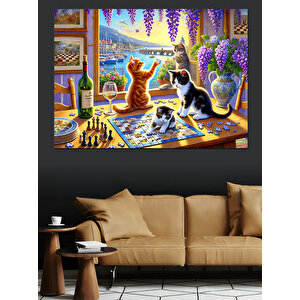 Masada Puzzel Oynayan Kediler Dekoratif Kanvas - Mdf Ahşap Tablo 100x140 cm