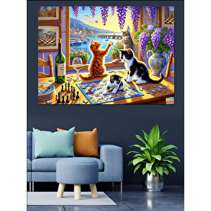 Masada Puzzel Oynayan Kediler Dekoratif Kanvas - Mdf Ahşap Tablo 100x140 cm