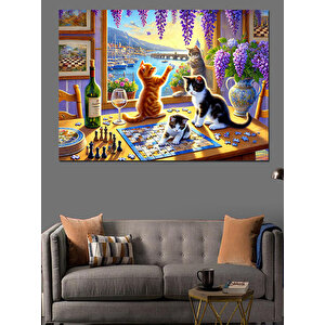 Masada Puzzel Oynayan Kediler Dekoratif Kanvas - Mdf Ahşap Tablo 100x140 cm