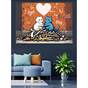 Graffiti Tarzı Aşık Kediler Dekoratif Kanvas - Mdf Ahşap Tablo