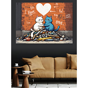 Graffiti Tarzı Aşık Kediler Dekoratif Kanvas - Mdf Ahşap Tablo