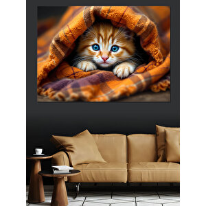 Battaniyenin Altında Kedi Dekoratif Kanvas - Mdf Ahşap Tablo 35x50 cm