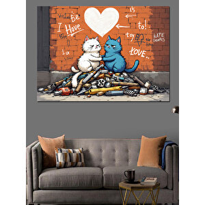 Graffiti Tarzı Aşık Kediler Dekoratif Kanvas - Mdf Ahşap Tablo 35x50 cm