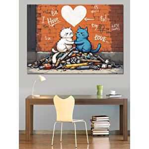 Graffiti Tarzı Aşık Kediler Dekoratif Kanvas - Mdf Ahşap Tablo 35x50 cm