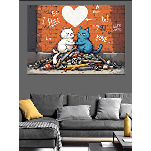 Graffiti Tarzı Aşık Kediler Dekoratif Kanvas - Mdf Ahşap Tablo 35x50 cm