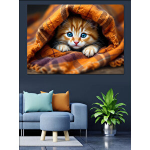 Battaniyenin Altında Kedi Dekoratif Kanvas - Mdf Ahşap Tablo 70x100 cm