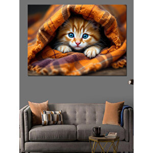 Battaniyenin Altında Kedi Dekoratif Kanvas - Mdf Ahşap Tablo 70x100 cm